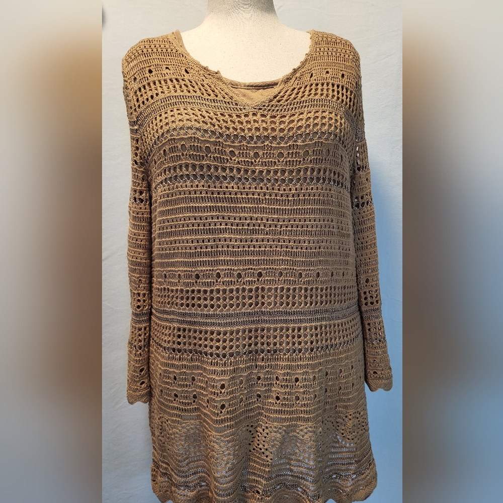 Hot In Hollywood Lined Tan Crochet Knit Sweater Tunic Size XL